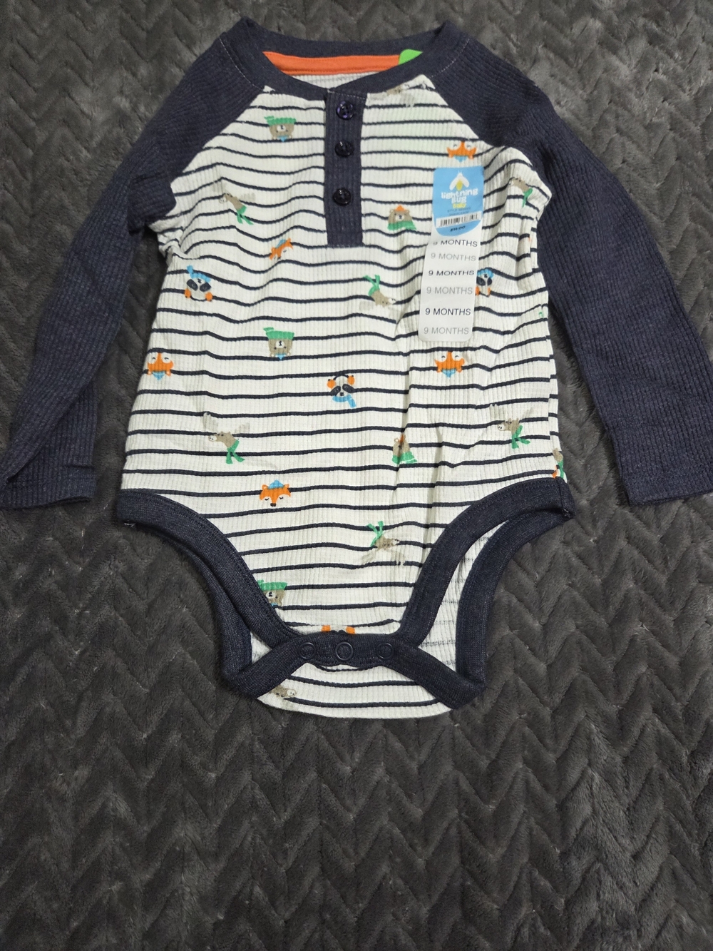 Boys Striped Navy and White Long-Sleeve Baby One-Piece with Animal Motifs